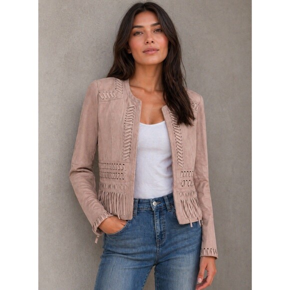 White House Black Market Jackets & Blazers - WHITE HOUSE BLACK MARKET Women Fringe Leather Suede Jacket Small Light Pink Boho